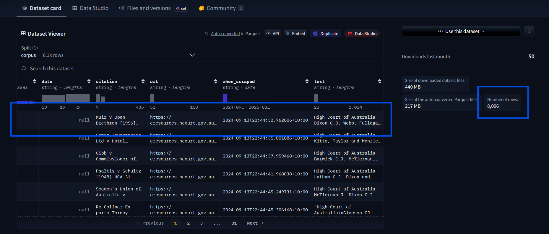 Hugging Face dataset rows
